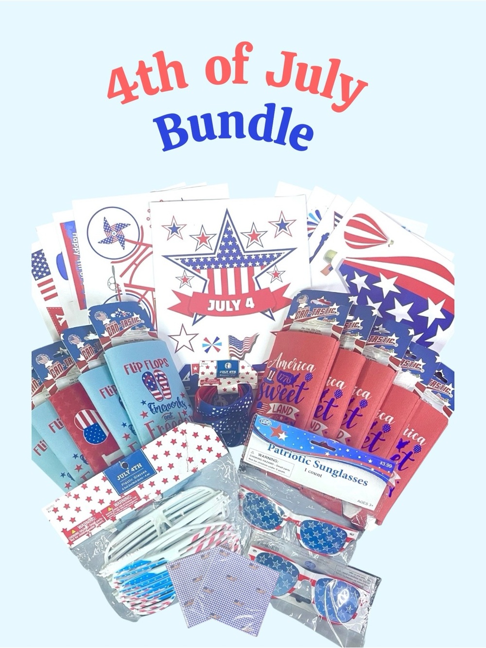 Fourth of July Celebration Bundle Window Decals Koozies Wristbands Eyeglass NEW